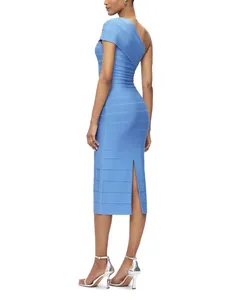 Elegant blue one-shoulder bodycon bandage midi dress with back slit and silver heels