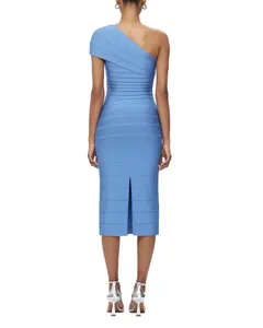 Detail of light blue one-shoulder bandage bodycon dress with back slit for party
