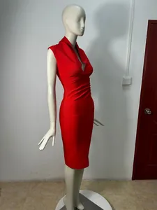 Detailed side view of a vibrant red sleeveless deep V-neck bodycon bandage midi dress