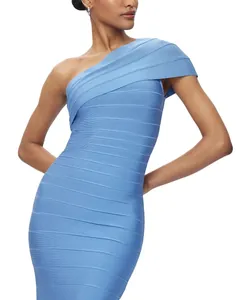 Detail view of light blue one-shoulder bandage bodycon evening gown fabric texture