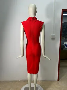 Detailed back view of a red sleeveless bandage bodycon dress on a white mannequin stand