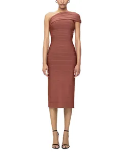 Detailed view of brick red one-shoulder bandage midi dress with horizontal ribbing