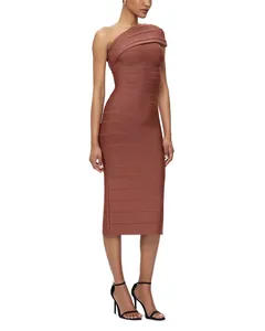 Full body view of a clay color one-shoulder bandage midi dress for formal occasions