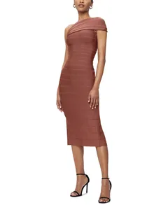 Detail of a one-shoulder bandage midi dress in rosewood for elegant evening parties