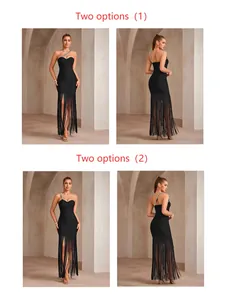Elegant black bandage evening dress with rhinestone shoulder strap and tassel fringe hemline