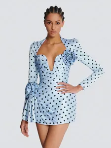 Elegant Women Polka Dot Evening Dress Deep V-Neck 3D Flower Pleated Slim Fit Long Sleeve Dress Polyester Party Gown