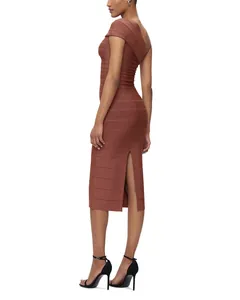 Detailed side profile of a rust brown one-shoulder bandage midi dress featuring a back slit