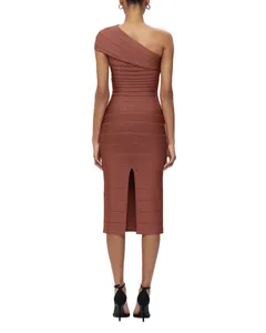 Detailed back view of a sophisticated one-shoulder brown bandage bodycon dress with slit