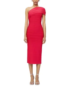 Detailed view of red one-shoulder bandage midi dress with horizontal ribbing texture