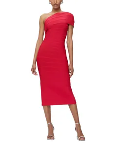 Detailed full-length shot of an elegant red one-shoulder bandage midi dress for evening gala