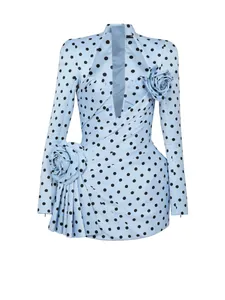 Elegant light blue polka dot mini dress with a deep V-neck and 3D floral accents