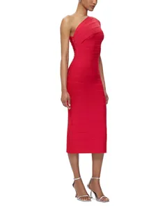 Side view showing the textured bandage detail of a red one-shoulder bodycon midi dress