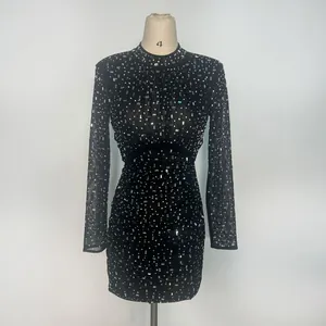 Elegant black mesh mini dress with sparkling rhinestones and long sleeves for parties