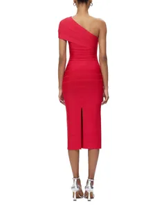 Back view of an elegant red one-shoulder bandage midi dress featuring a stylish slit