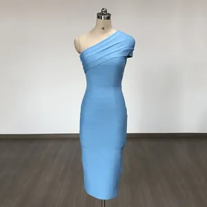 Detailed view of light blue one-shoulder bandage bodycon midi dress for parties.