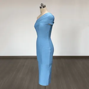 Detailed side view of a light blue one-shoulder bandage bodycon dress on mannequin