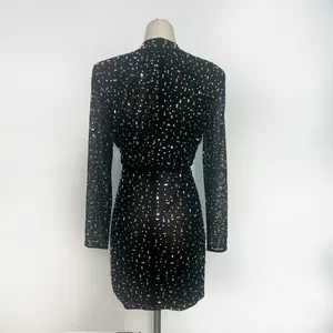 Back view of black mesh long sleeve bodycon mini dress with sparkling rhinestones