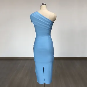 Rear view of a light blue one-shoulder bandage dress featuring a sleek back slit