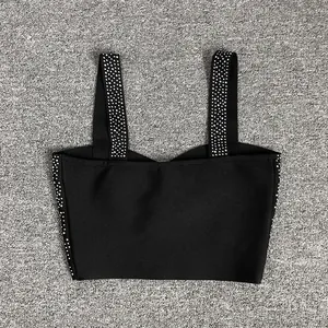 Sexy black bandage crop top featuring sparkling rhinestone straps and side detailing embellishments