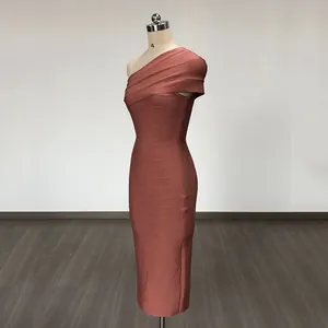 Elegant rust-colored one-shoulder bandage bodycon midi dress for evening parties