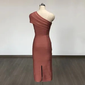 Detailed rear view of an elegant dusty rose one-shoulder bodycon bandage dress