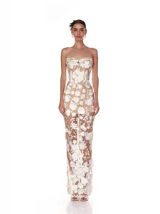 Elegant Women Strapless 3D Floral Applique Maxi Dress Mesh Patchwork Bodycon Evening Gown Celebrity High Waist Party Dress