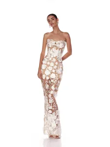 Elegant strapless maxi dress with 3D floral applique for banquet and formal events.