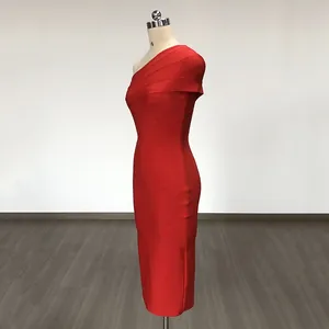 Elegant red one-shoulder bodycon bandage midi dress displayed on a mannequin for party