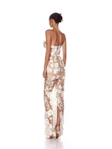 Elegant strapless maxi dress with 3D floral lace embroidery and back zipper