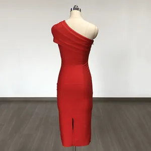 Back view of a red one-shoulder bandage dress featuring a slit and form-fitting silhouette