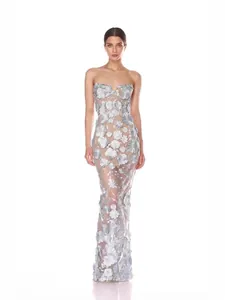 Elegant strapless floor-length dress featuring exquisite 3D floral appliqués for evening galas.