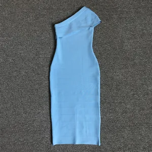 Detailed view of light blue one-shoulder bandage midi dress with horizontal ribbed texture