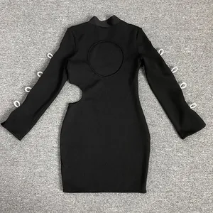 Black ribbed long sleeve mini dress with waist and back cut-outs and white loops