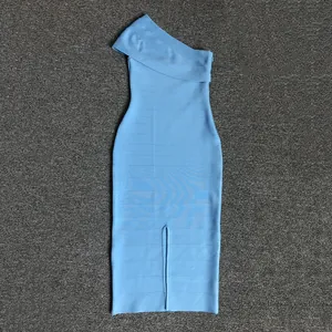 Detail view of light blue one-shoulder bandage dress with front slit design
