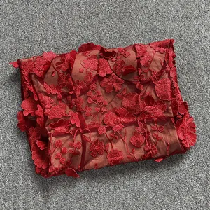 Close-up of red lace fabric with elegant 3D floral embroidery for evening dress