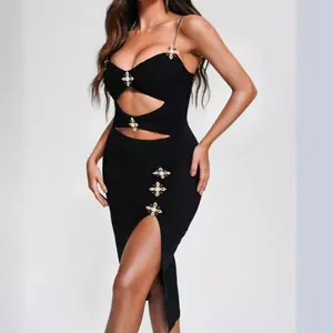 Sexy black bodycon bandage dress featuring rhinestone chain straps and high slit