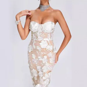 Elegant white strapless midi dress with detailed 3D floral lace appliques for evening party