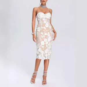 Elegant white strapless midi dress with 3D floral lace appliques for evening parties