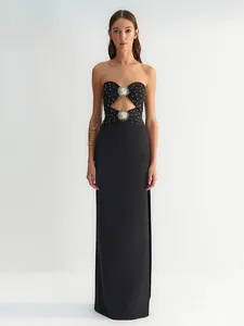 Women Elegant Rhinestone Cut-out Bandage Maxi Dress Metal Sun Accessory Off-Shoulder Slim Fit Evening Banquet Party Dress