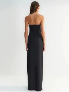 Elegant strapless black bandage maxi dress with a slim fit and back zipper closure.