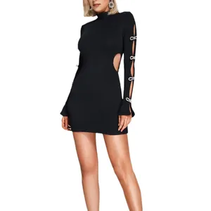 Stylish black long sleeve mini dress with bow cut-outs and waist detail for women