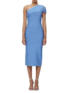 Women One Shoulder Backless Bandage Bodycon Midi Dress Elegant Slit High Waist Evening Party Formal Clubwear Prom Gown