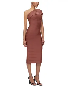 Elegant terracotta one-shoulder bodycon bandage midi dress for evening cocktail party