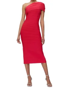 Elegant red one-shoulder bodycon bandage midi dress perfect for evening party gala events