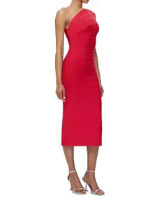 Elegant red one-shoulder bandage midi dress for evening parties and formal events