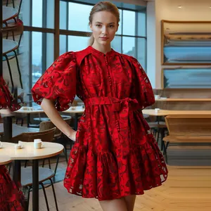 Elegant red hollow-out jacquard puff sleeve dress with waist tie and standing collar for women