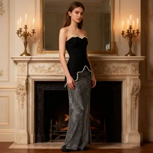 Elegant French style dress set with black pearl beaded tube top and silver sequin maxi skirt