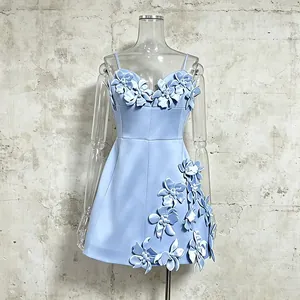 Light blue A-line camisole mini dress with 3D floral appliqués for beach resort style