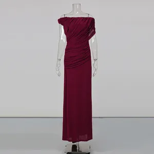 Full-length front view of an elegant pleated off-shoulder burgundy long dress on mannequin