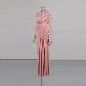 Elegant pink long sleeve maxi dress with stylish ruched pleated detailing for women